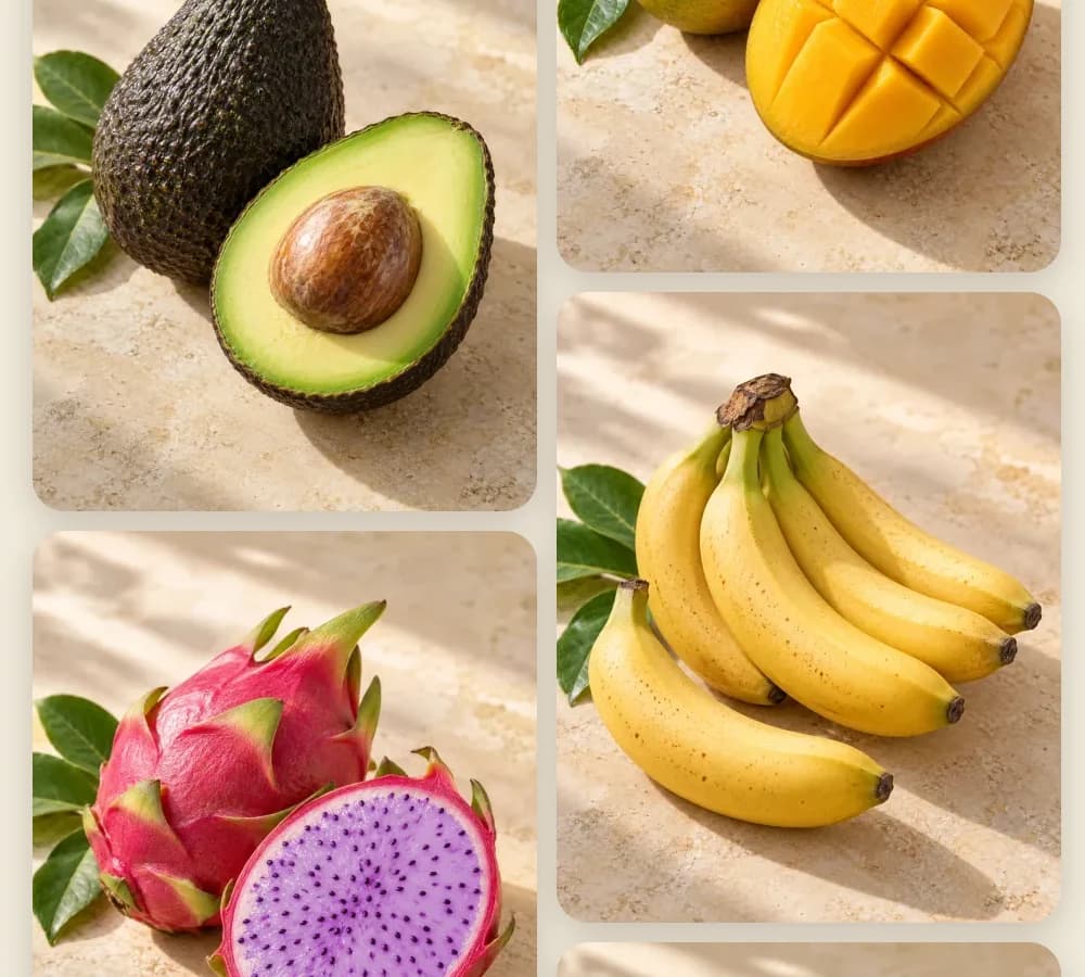 Avokado, ejderha meyvesi, mango, muz, çarkıfelek ve limondan oluşan taze egzotik meyve seçkisi